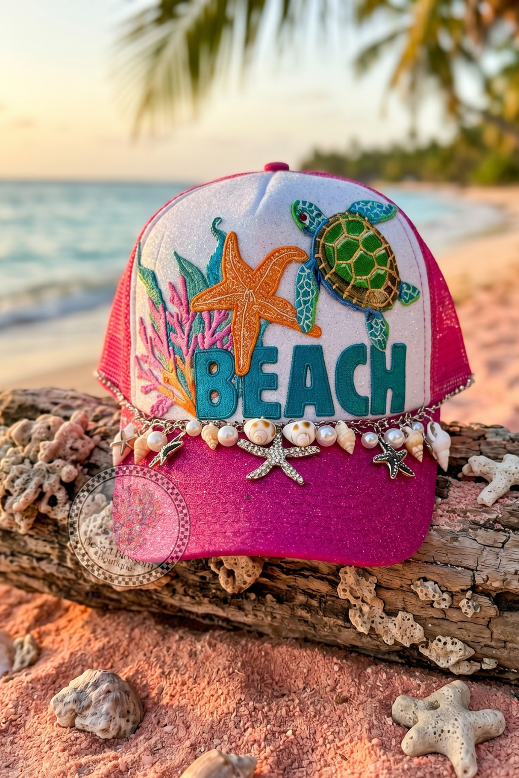 Embellished beach trucker hat